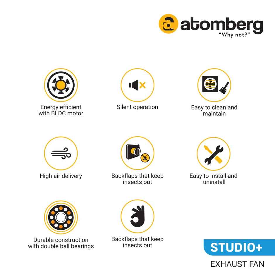 Atomberg Studio+ BLDC Exhaust Fan, 150mm with Motor, Easy to Clean, White