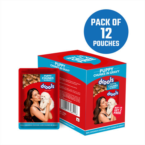 Drools Puppy Wet Dog Food Chicken And Chicken Liver Chunks In Gravy (10 + 2 Pouches Free)