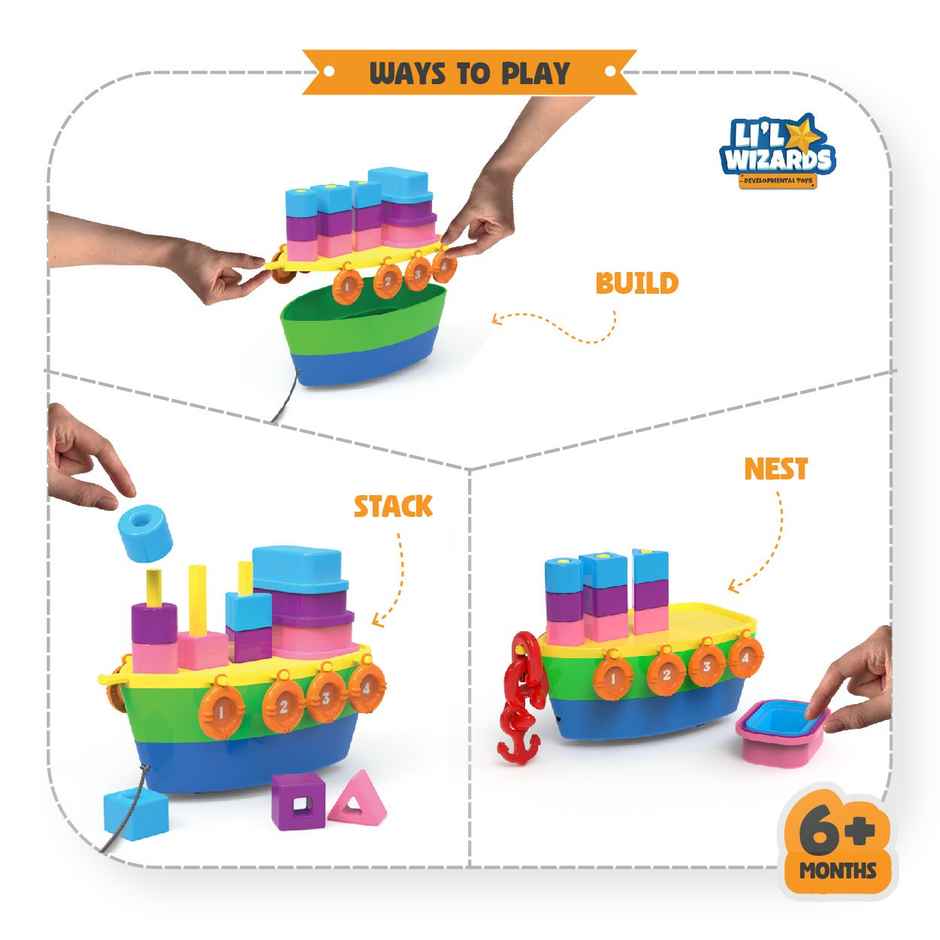 WinMagic Toys Winmagic Lil Wizards 7-In-1 Stack, Nest 'N' Link Pull-Along Ship Station