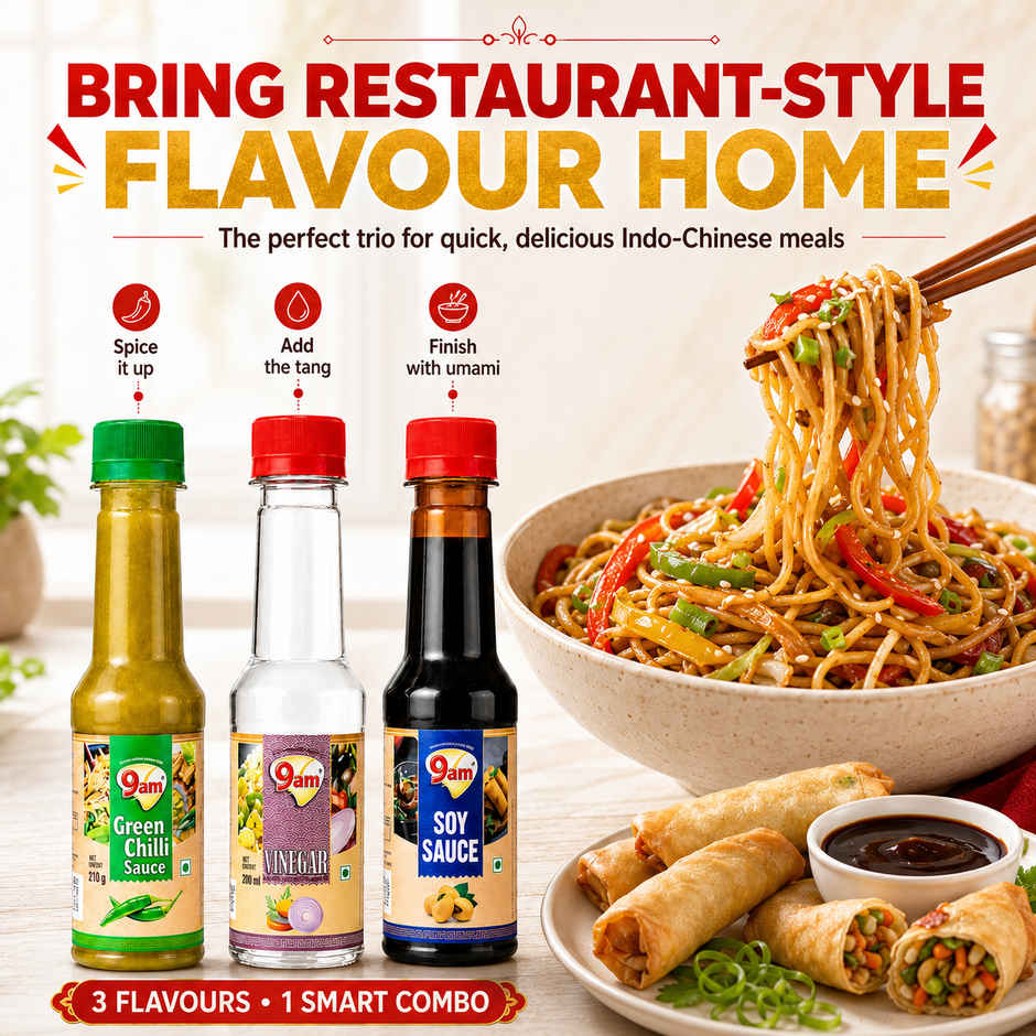 9am Soya Sauce + Green Chilli + Vinegar Combo, Cooking Essentials Pack