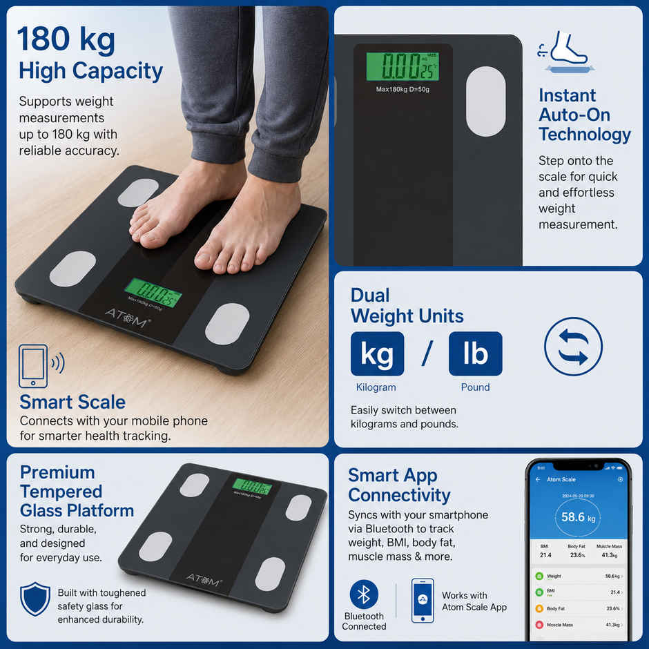 Atom AL 900 Digital Weighing Scale | 180 kg Capacity | 50 g Accuracy | LCD Display