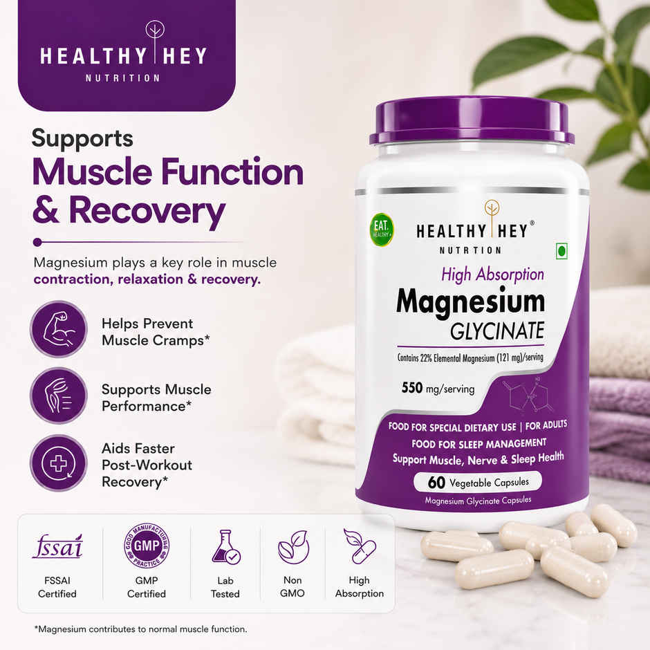 HealthyHey Nutrition Magnesium Glycinate | High Absorption | For Sleep, Cramps & Nerve Health | Veg