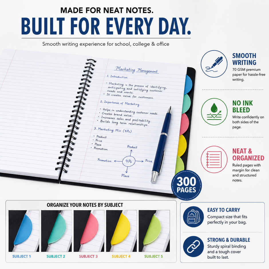 Saya A5 Executive Wiro 5 Subject Notebook | 200 Pages for School, Office & Study