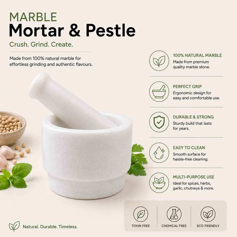 Sanjeev Kapoor by OGGN White Marble 2 Side Mortar and Pestle Set, for Grinding Spices - 3x2 Inch