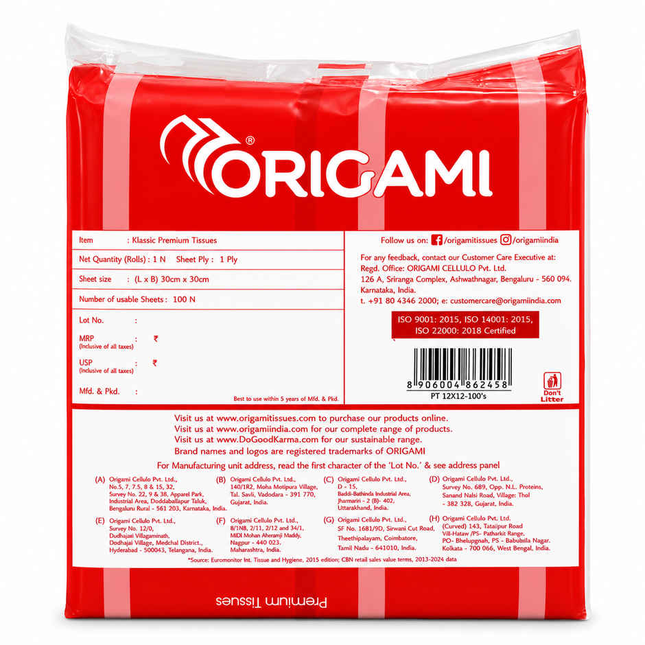 Origami Klassic Plain Paper Napkins Pack of 1 - 100 Pulls,1 Ply