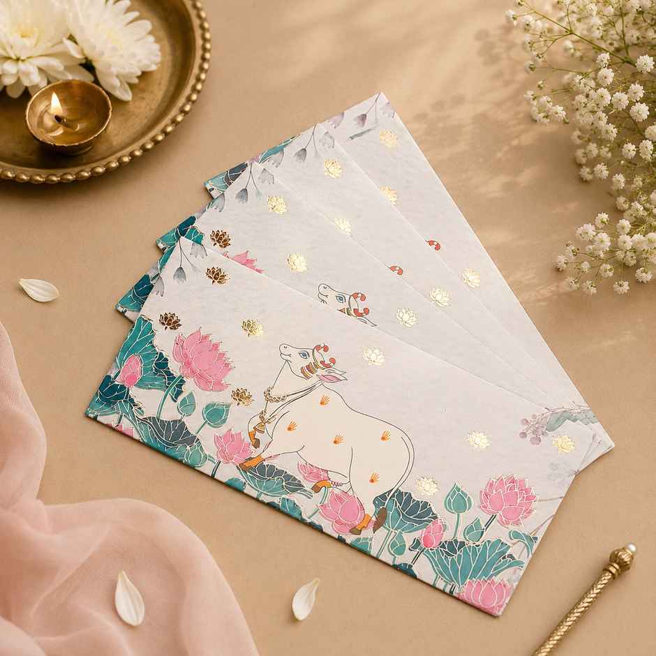 Archies Cow & Lotus Print Shagun Envelope with Foiling
