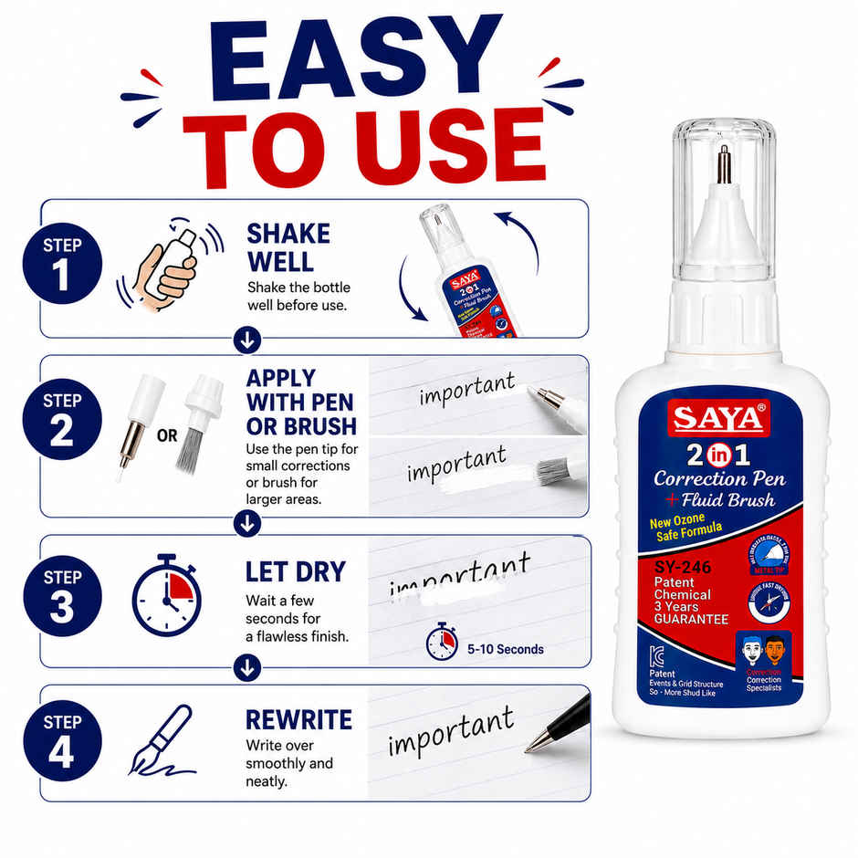 Saya Correction Pen 2 in 1 - Quick Dry Correction Tool for Office, School & Home Use