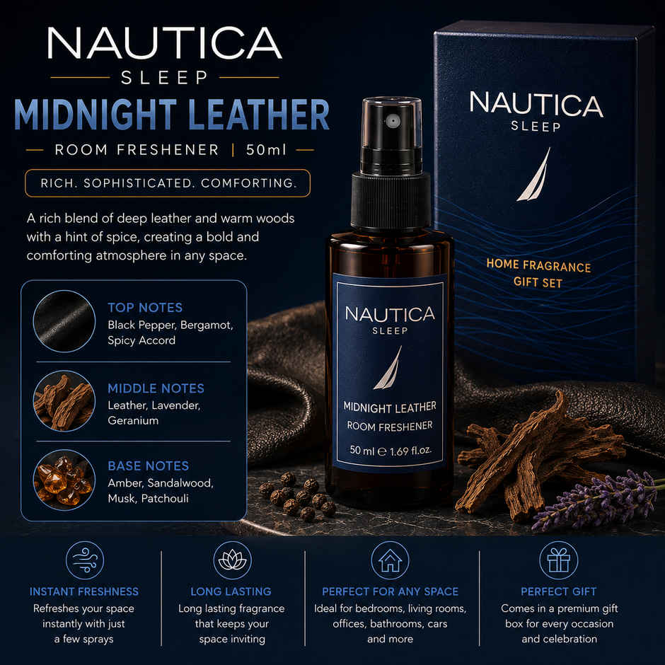 Nautica Sleep Gift Box Ocean Breeze Candle and Amber Drift Diffuser and Midnight Leather Room Freshner