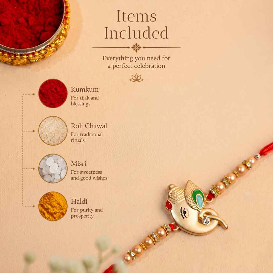 Rakhi for Brother | Ganesha Designer | Religious | Includes Roli Chawal | Pack of 1 | Tied Ribbons