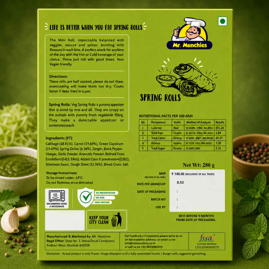 Mr. Munchies Veg Spring Roll  | 20g Protein
