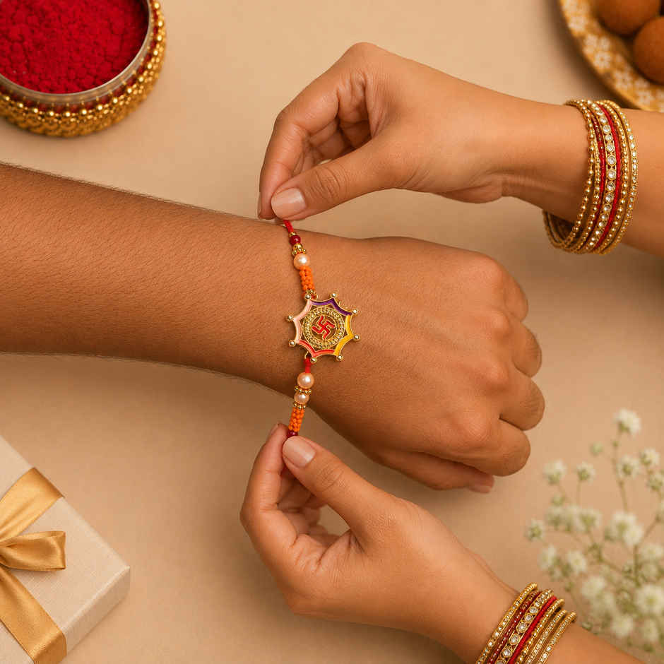 Divine Swastik Meenakari Thread Rakhi for Brother | Pack of 1 | Bandhan