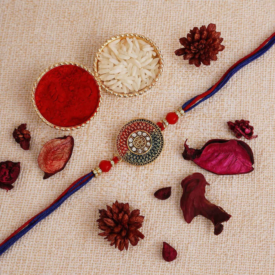 Stone Red, Blue Round Designer Rakhi for Brother & Roli Chawal Pack (eCraftIndia)