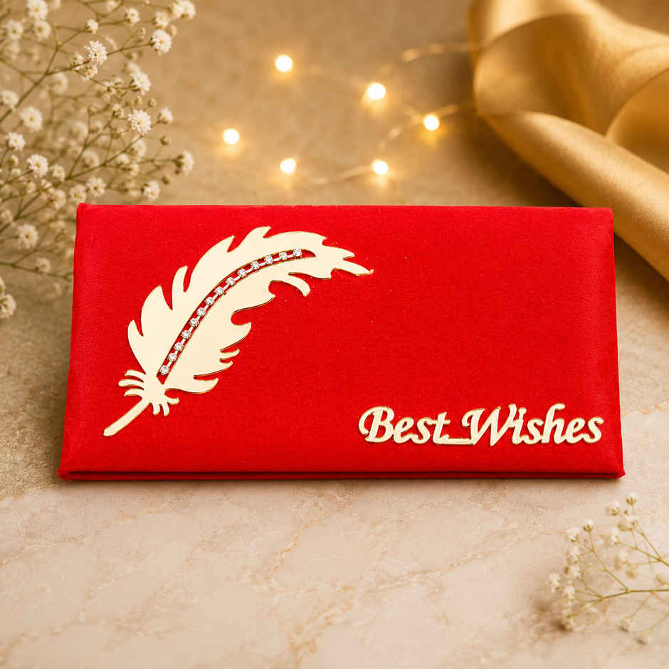 Archies Red Fabric Shagun Envelope with Feather and Best Wishes