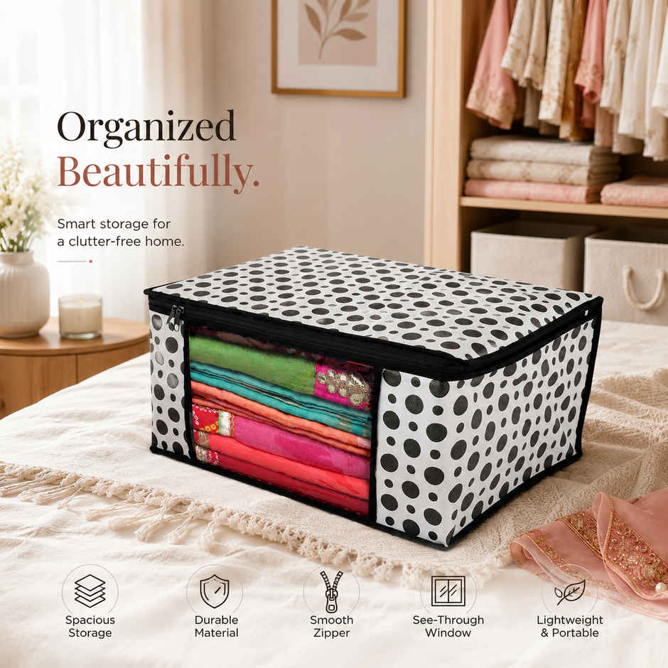 Perpetual Saree Organizer - Foldable Cover with Zip | Transparent Window | PolkaDot | Pack of 1
