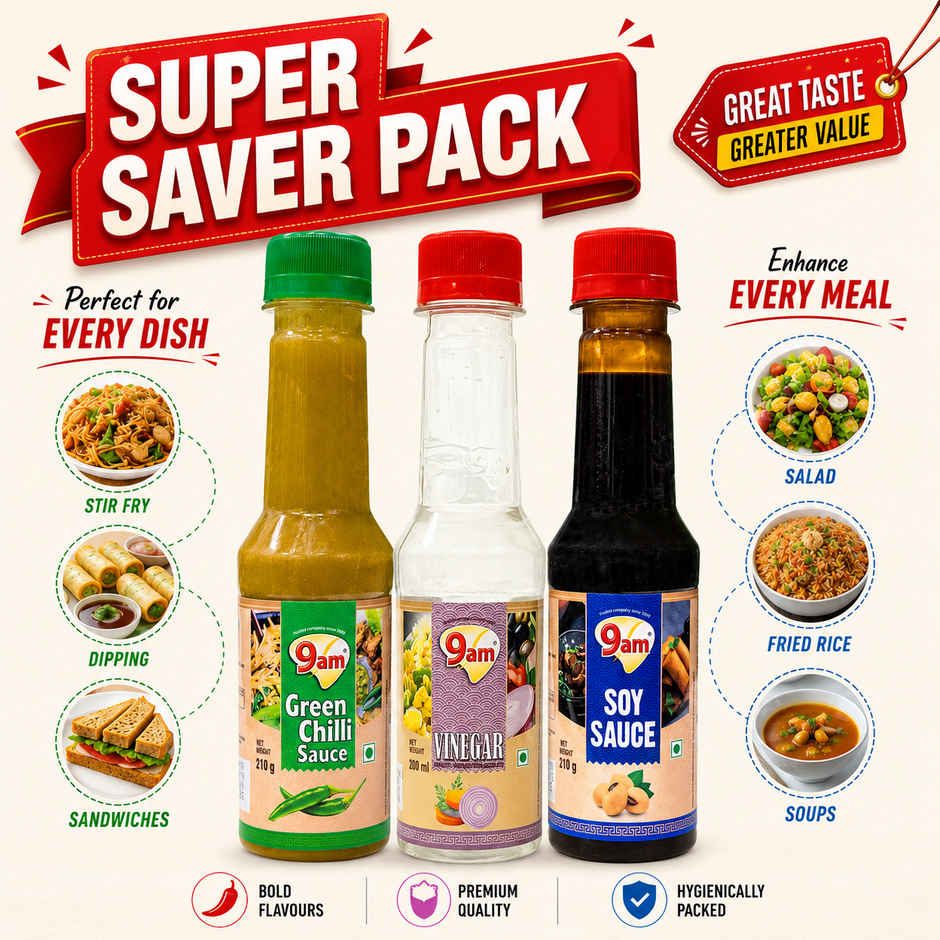 9am Soya Sauce + Green Chilli + Vinegar Combo, Cooking Essentials Pack