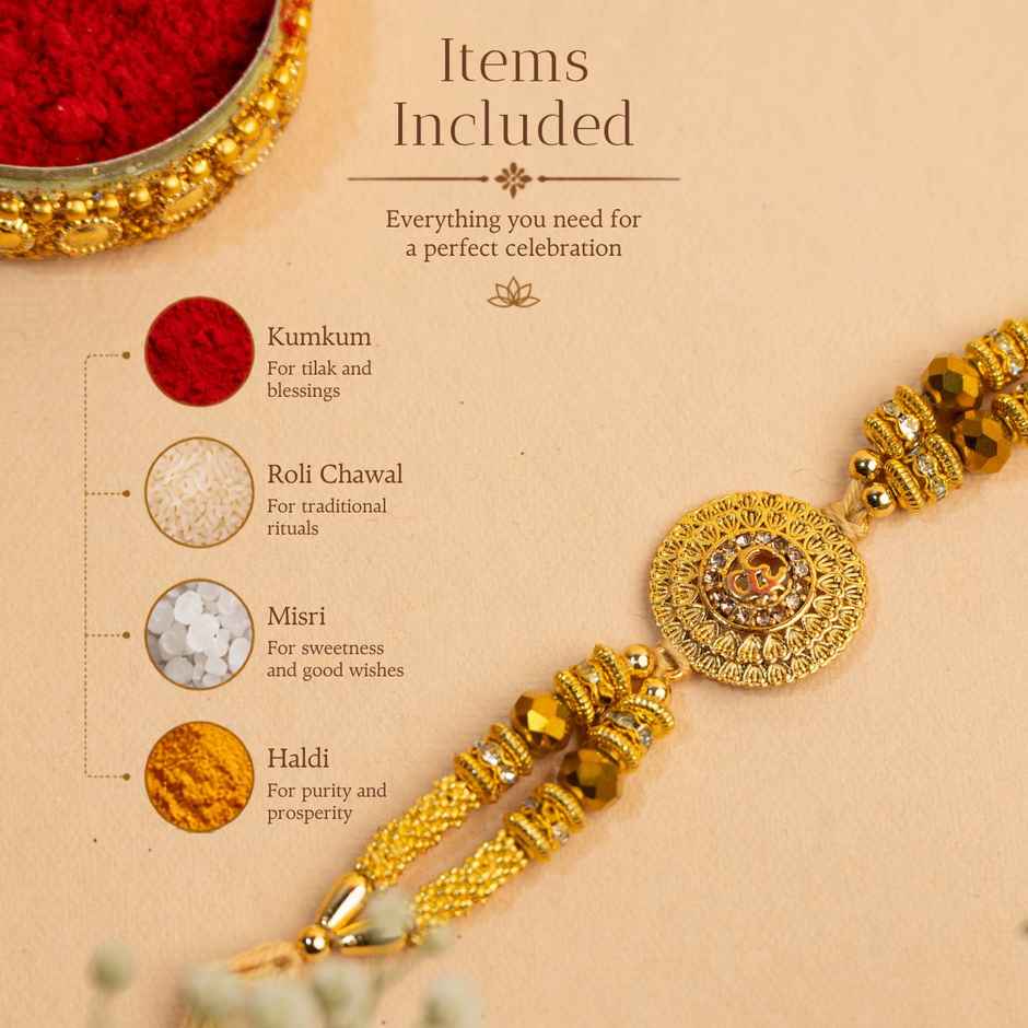 Rakhi for Brother | Om Designer | Religious | Includes Roli Chawal | Pack of 1 | Tied Ribbons