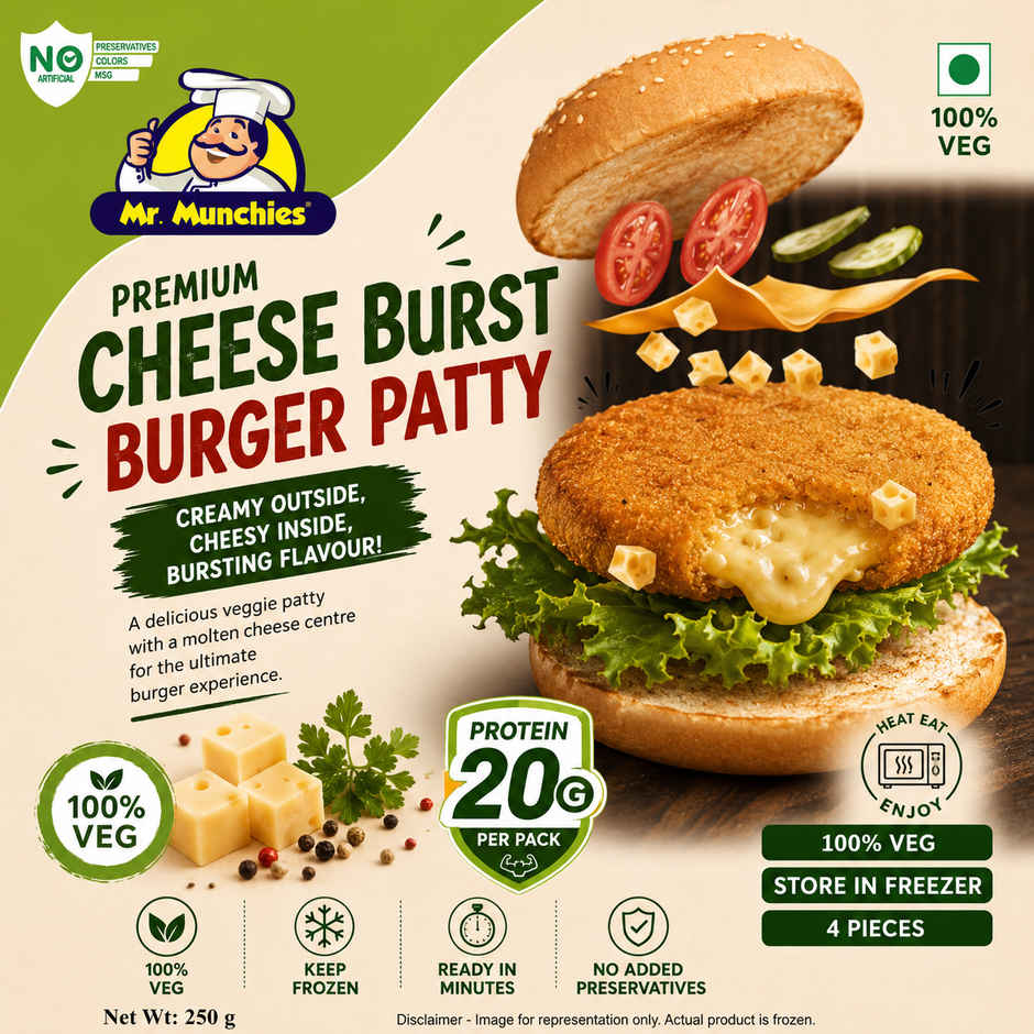 Mr. Munchies Premium Cheese Burst Burger Patty | 20g Protein