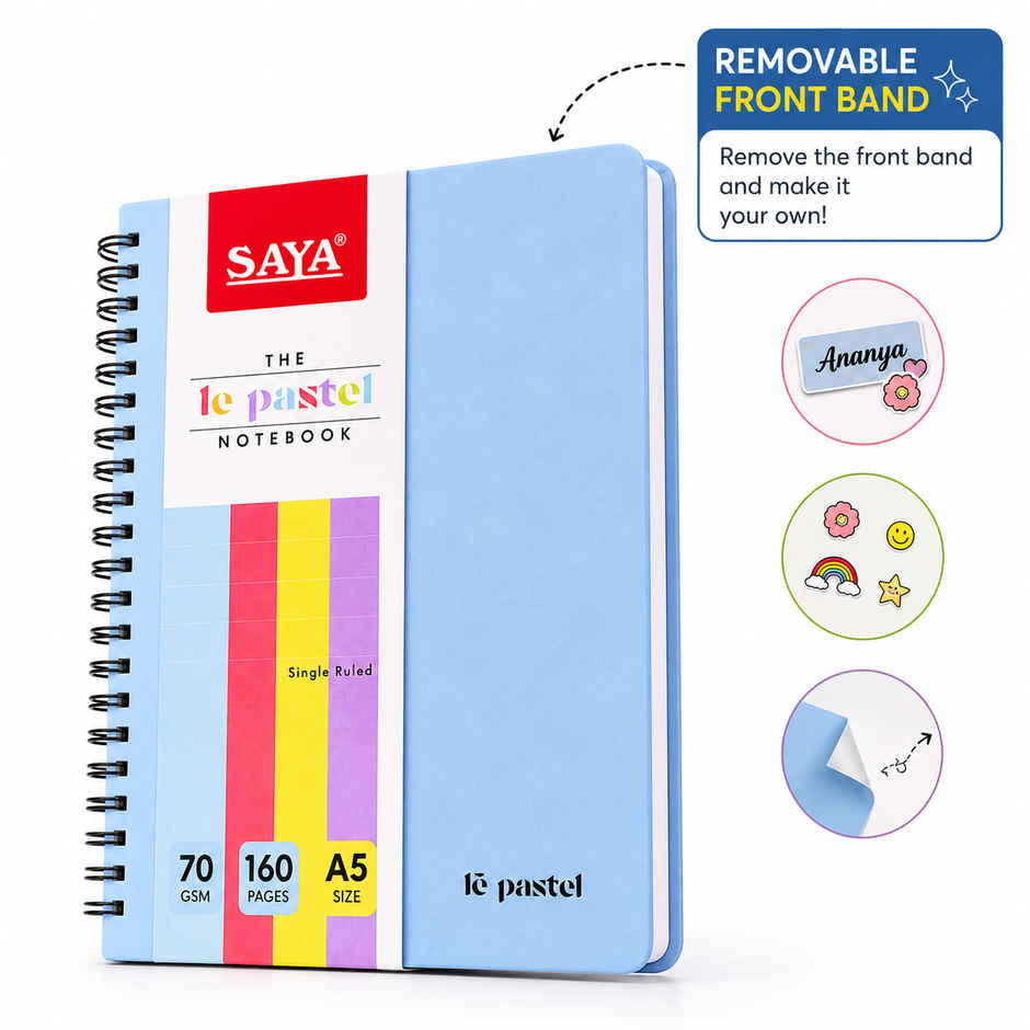Saya A5 Spiral Notebook | 160 Pages | 70 gsm | Waterproof PP Cover | Single Line Paper