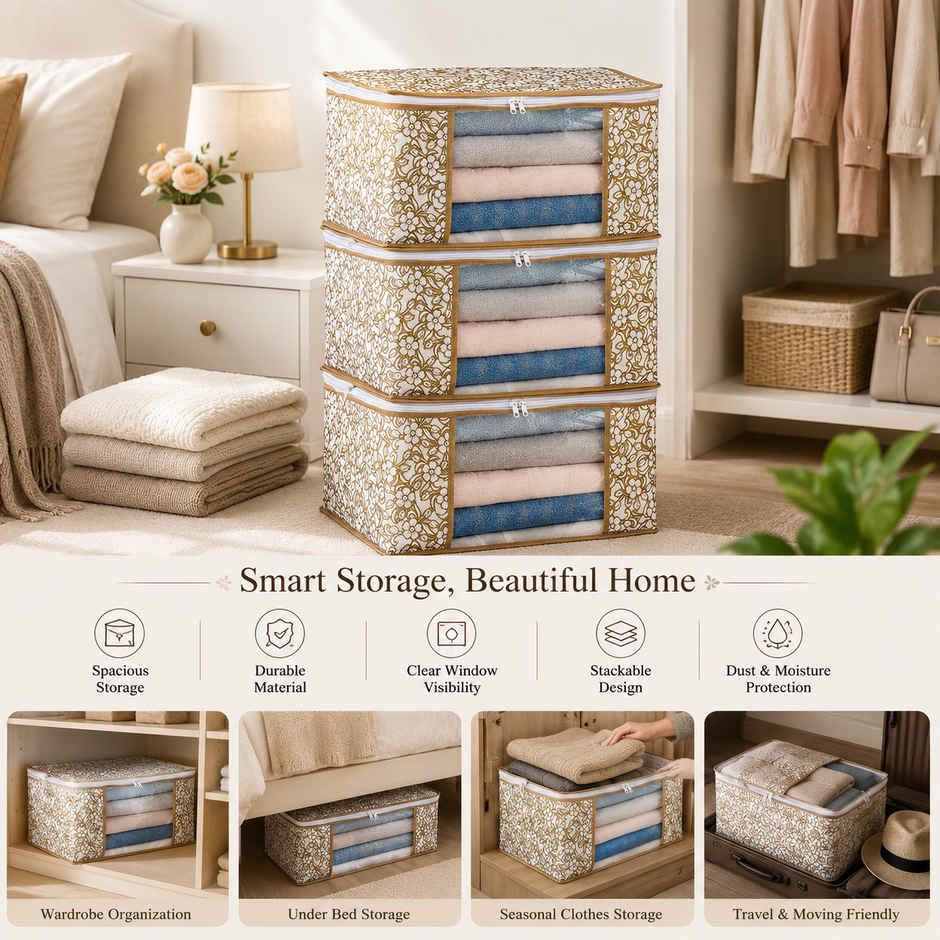 Perpetual Saree Organizer | Wardrobe Storage Bag with Zip | Transparent Window | Pack of 3