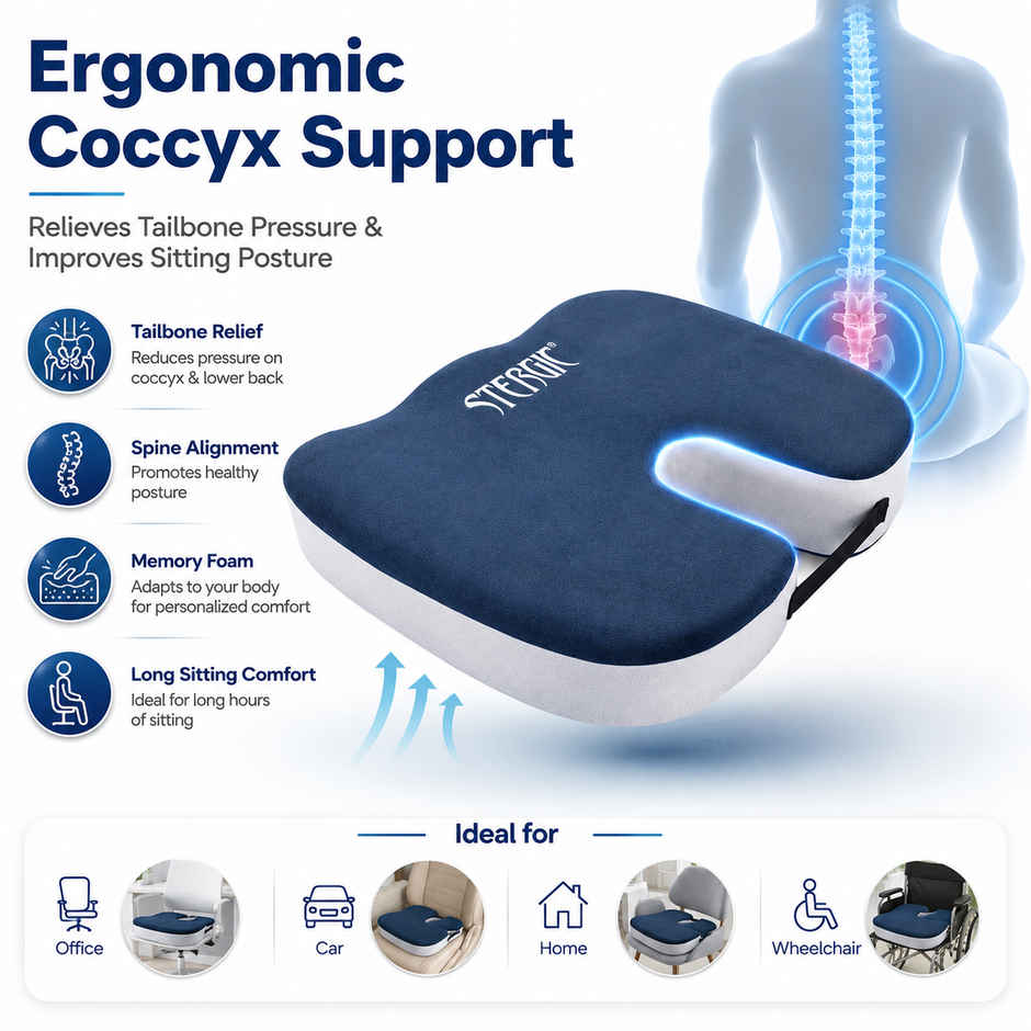 Stergic Next Seat Cushion High Density With Memory Foam For Hip, Tailbone, Coccyx
