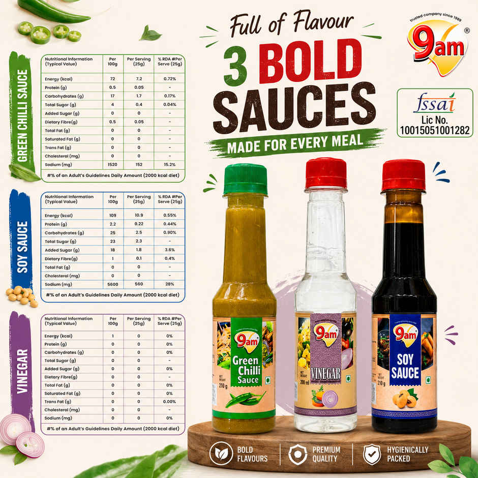 9am Soya Sauce + Green Chilli + Vinegar Combo, Cooking Essentials Pack