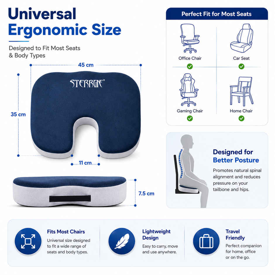 Stergic Next Seat Cushion High Density With Memory Foam For Hip, Tailbone, Coccyx