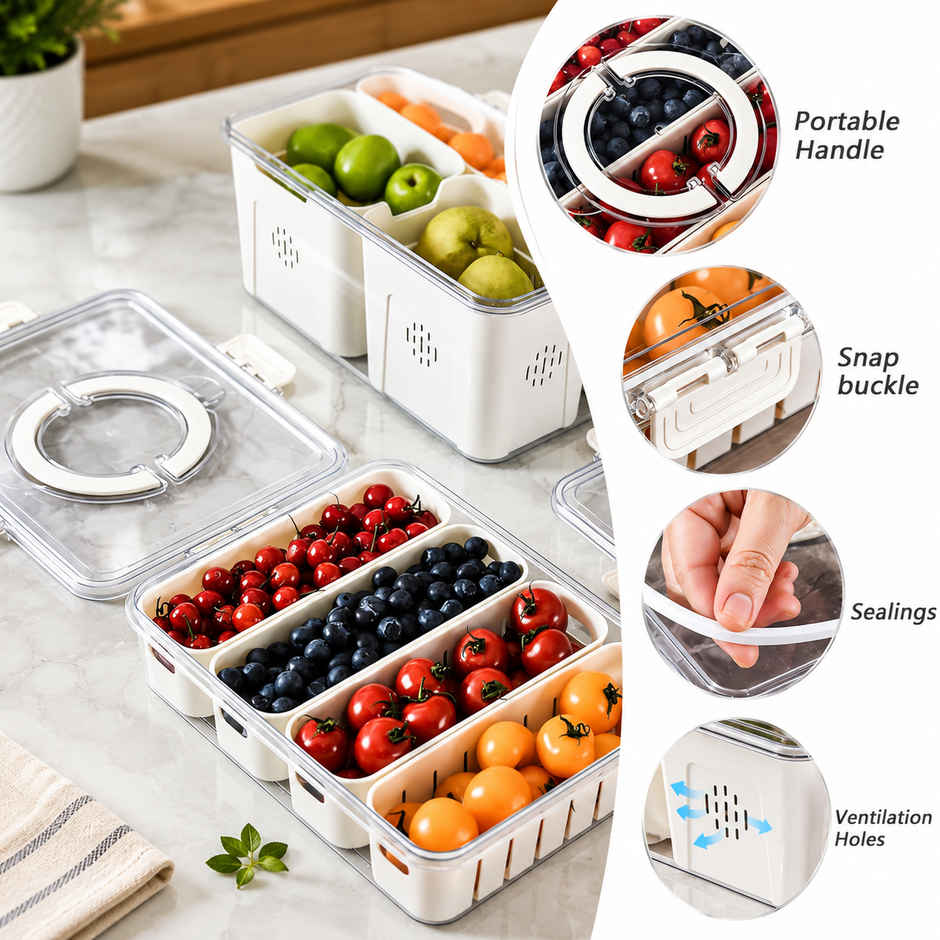 Zedak Multipurpose Vegetable & Fruit Storage Organizer Box with Compartments & Transparent Lid | Kitchen Fresh Food Storage Container
