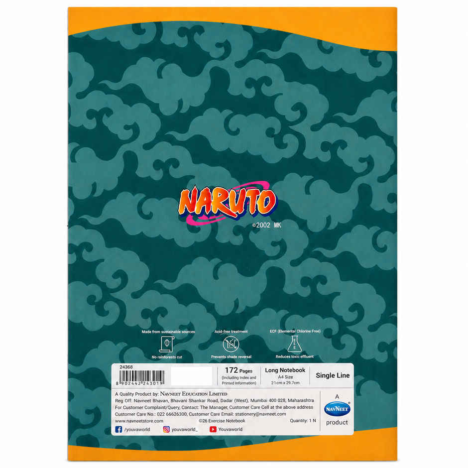 Youva by Navneet Naruto Long Notebook | A4 Size | 21 x 29.7 cm | Single Line | 172 Pages