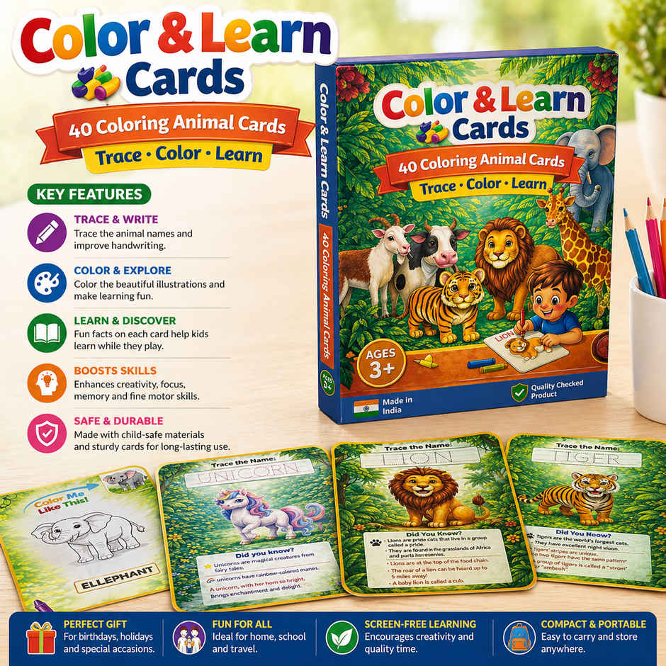 Fablue Color & Learn Animal Cards (40 Cards)|Trace, Color & Learning Educational Toy for kids