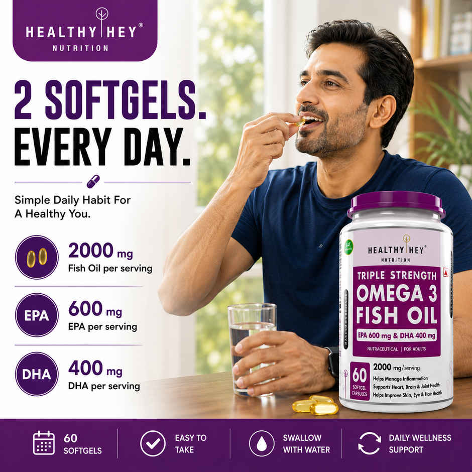 HealthyHey Nutrition Fish Oil Capsule Omega 3 Softgel For Women and Men | Burpless | EPA 600-DHA 400