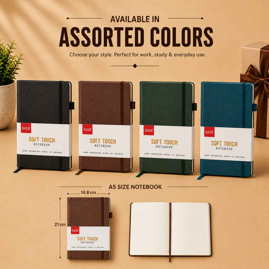 Saya A5 Soft Touch Notebook | PU Cover | 192 Pages 80 GSM with Pen Holder Loop | Assorted