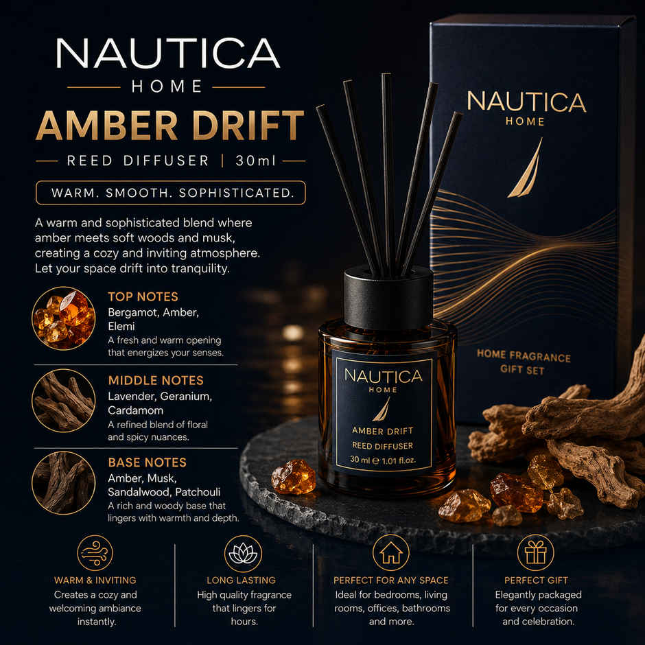 Nautica Sleep Gift Box Ocean Breeze Candle and Amber Drift Diffuser and Midnight Leather Room Freshner