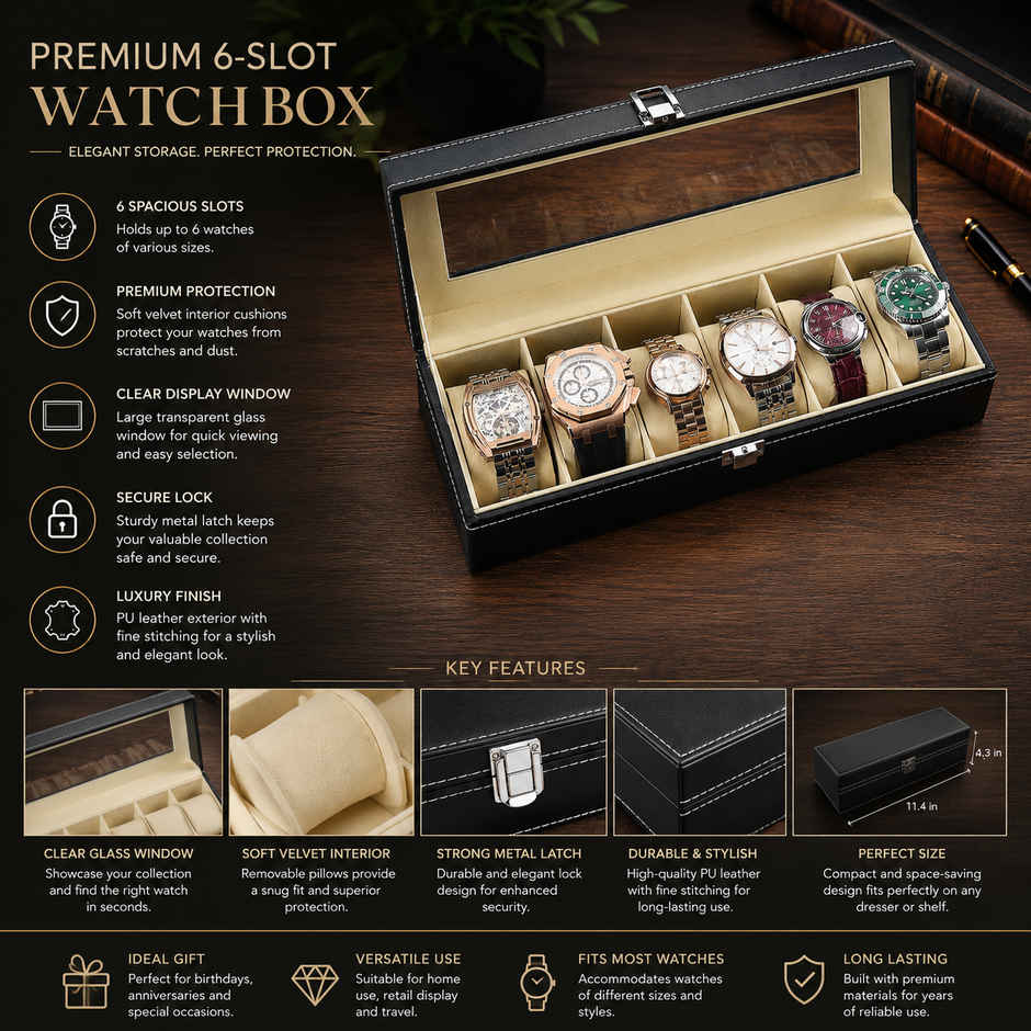 Zedak 6-Slot Watch Collection Box with Lock | PU Leather Watch Organizer for Men & Women