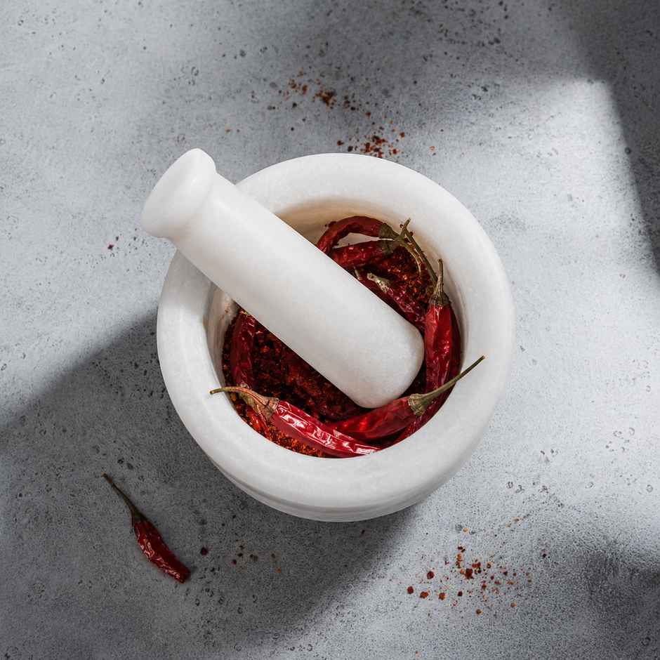 Sanjeev Kapoor by OGGN White Marble 2 Side Mortar and Pestle Set, for Grinding Spices - 3x2 Inch