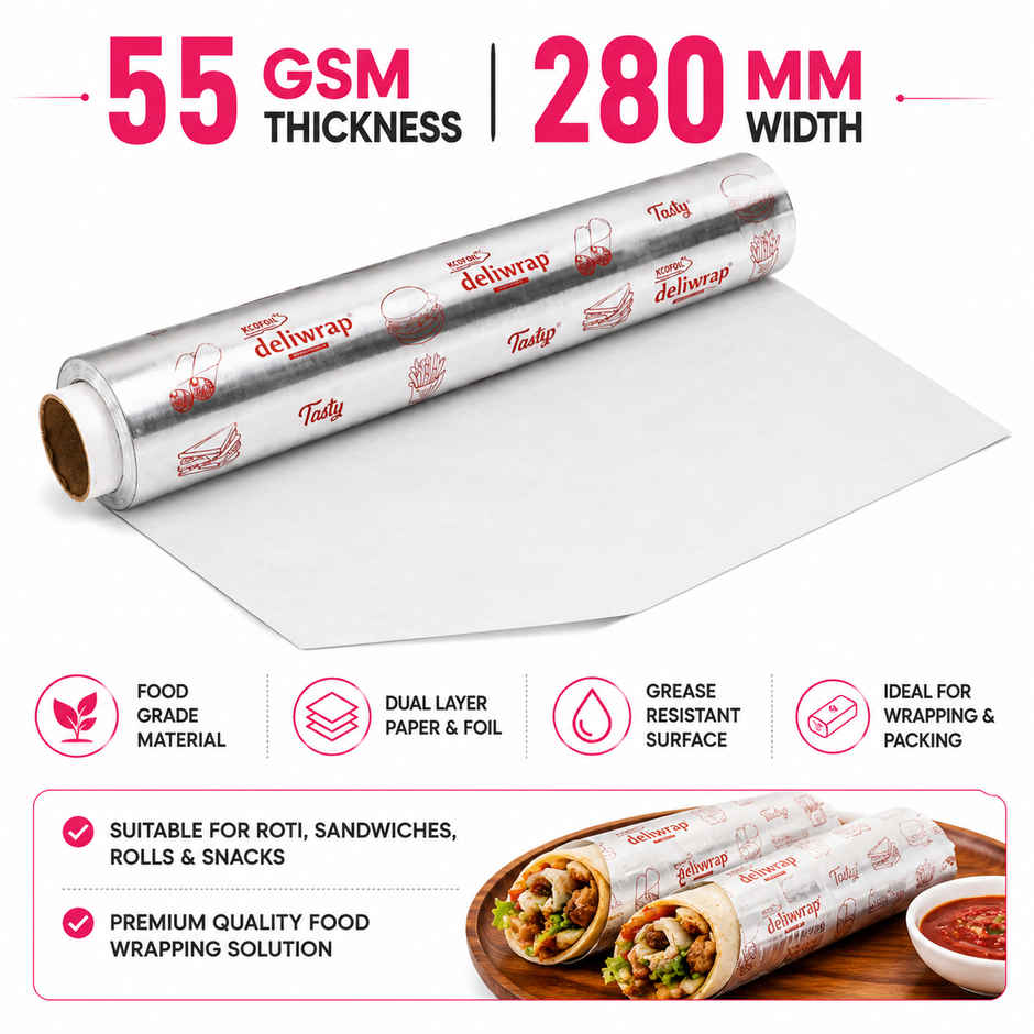 Deliwrap 2-in-1 Paper & Aluminium Foil Roll | 20+5 m | Greaseproof | Heat Retention | Food Wrap