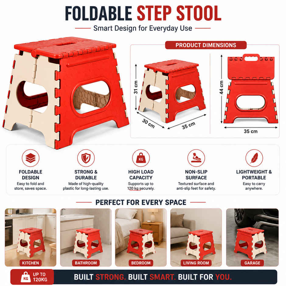 Zedak Foldable Stool with Carry Handle | Portable Multipurpose Folding Stool for Home | Red & Beige