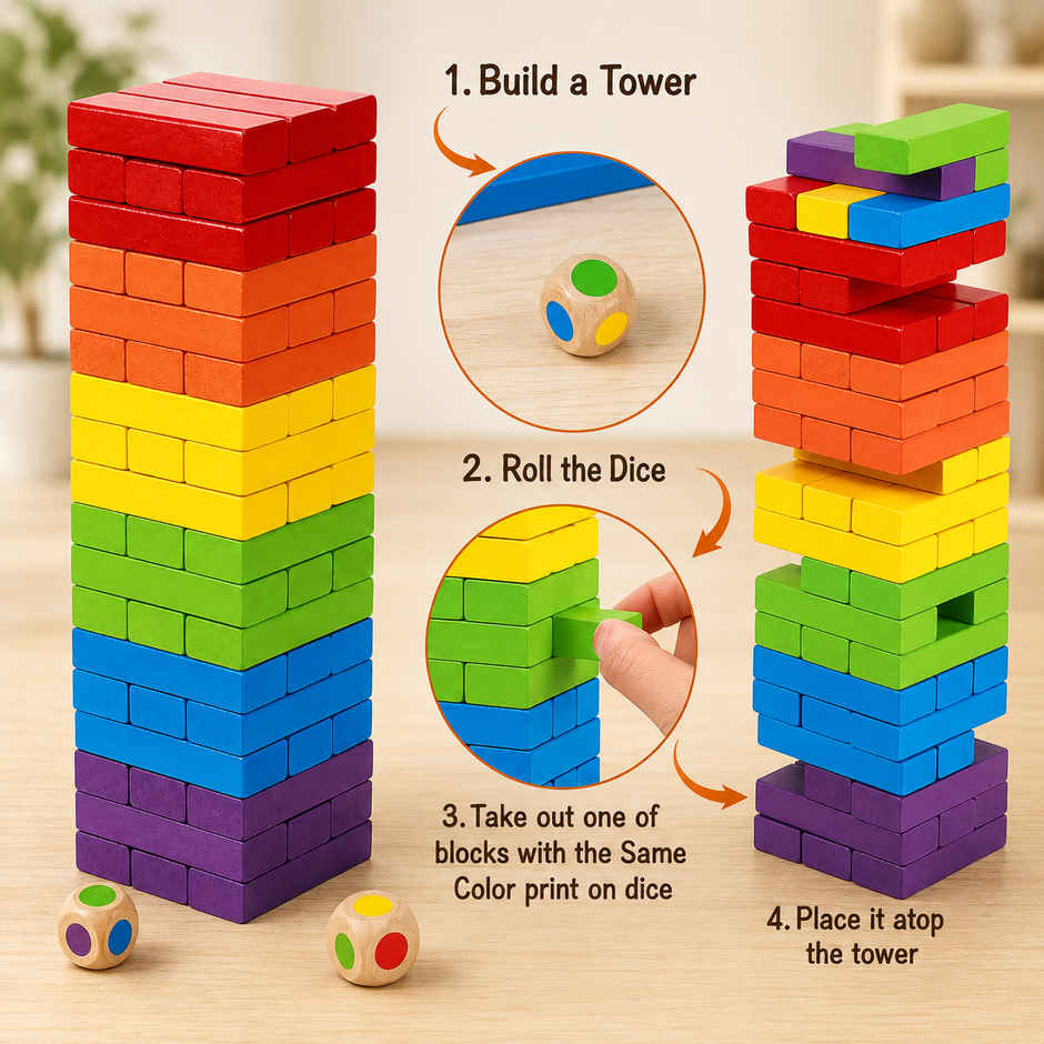 Fablue Multicolor 48 Pcs Small Wooden Numbered Stacking & Balancing Tower Puzzle Game for Kids