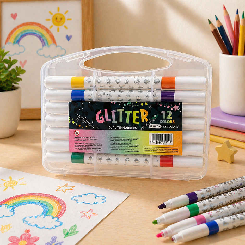 Fablue Glitter Dual Tip Marker Set | Carry Case | Art & Craft Supplies