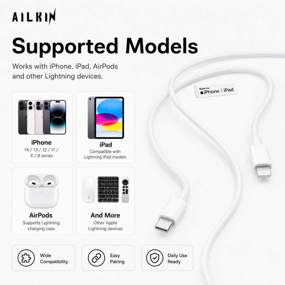 Ailkin C to Lightning Cable for iPhone |1M| White