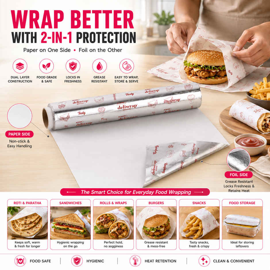 Deliwrap 2-in-1 Paper & Aluminium Foil Roll | 20+5 m | Greaseproof | Heat Retention | Food Wrap