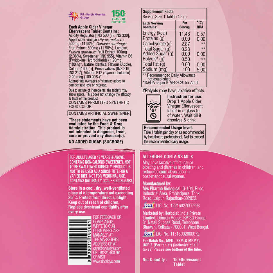 Dr. Vaidya's Apple Cider Vinegar Effervescent (Fizz) Tablets with Vitamin B6 & B12 | Weight Loss