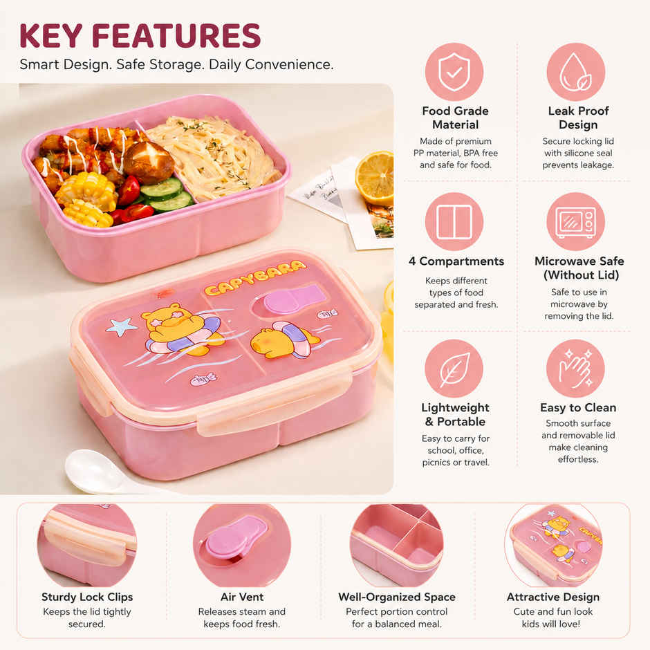 DesignLand Capybara Bento Lunch Box with Compartments | Pink