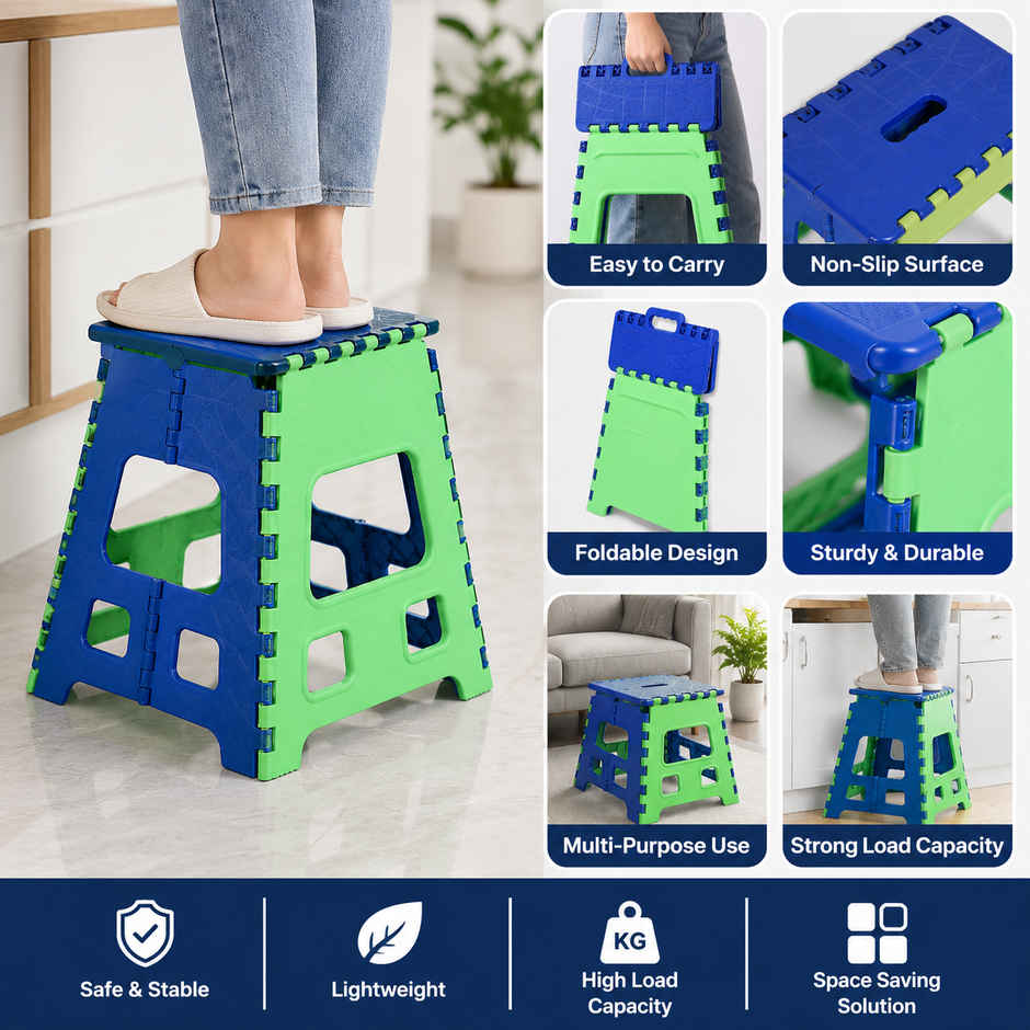 Zedak Foldable Stool with Carry Handle | Portable Multipurpose Folding Stool for Home | Green & Blue