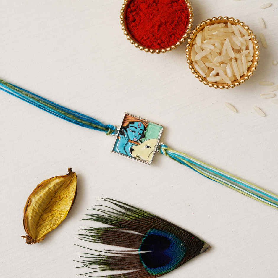 Krishna Flute Cow Religious Rakhi with Roli Chawal | Pack of 1 | Ecraftindia