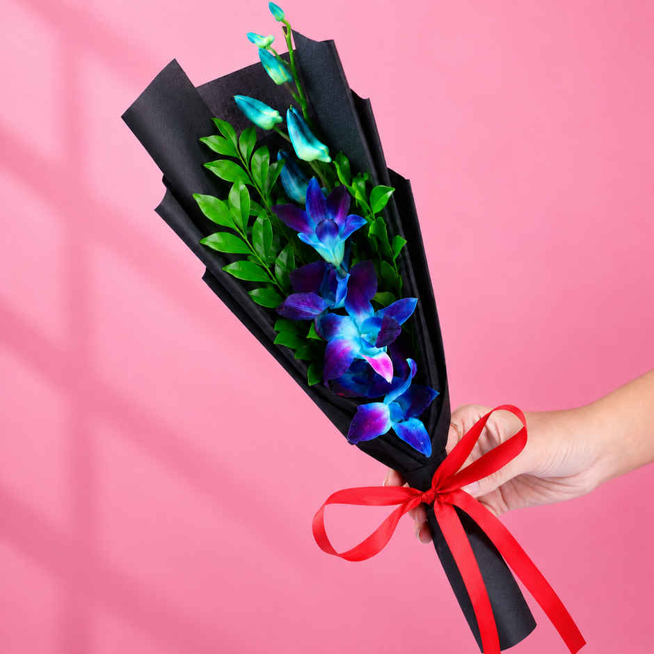 FlowerAura Single Blue Orchid in Black Paper | Gifting