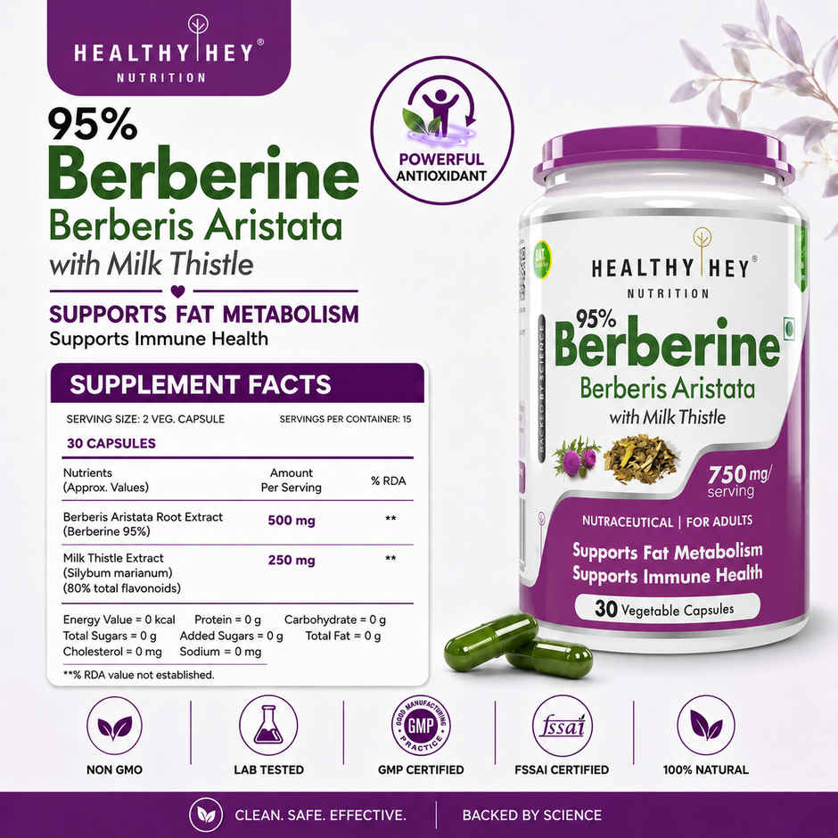 HealthyHey Berberis Berberine 95% with Milk Thistle | Weight Management Supplement | 750 mg | Veg