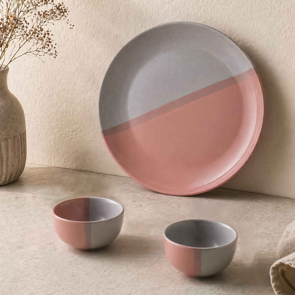 The Earth Store DT Grey Pink Set, 1 Full Plate 2 Vegetable Bowls
