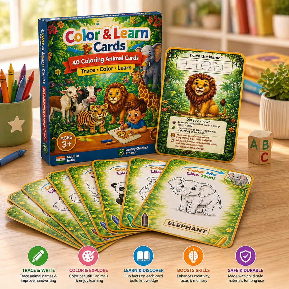 Fablue Color & Learn Animal Cards (40 Cards)|Trace, Color & Learning Educational Toy for kids