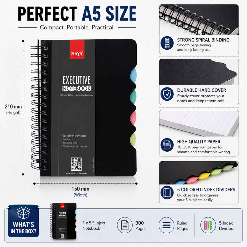 Saya A5 Executive Wiro 5 Subject Notebook | 200 Pages for School, Office & Study