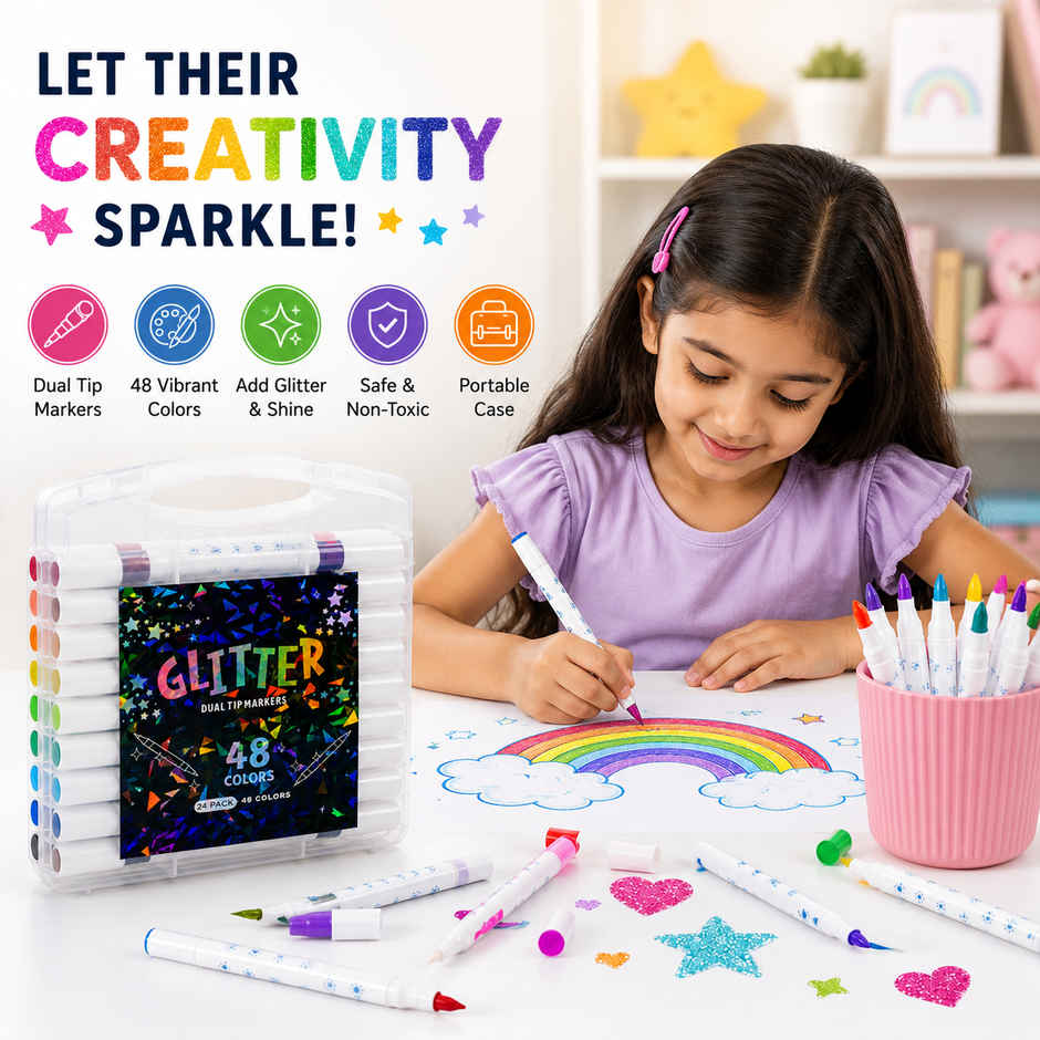 Fablue Glitter Dual Tip Marker Set | Coloring Pens with Carry Case | Art & Craft Supplies | 48 Color Shades